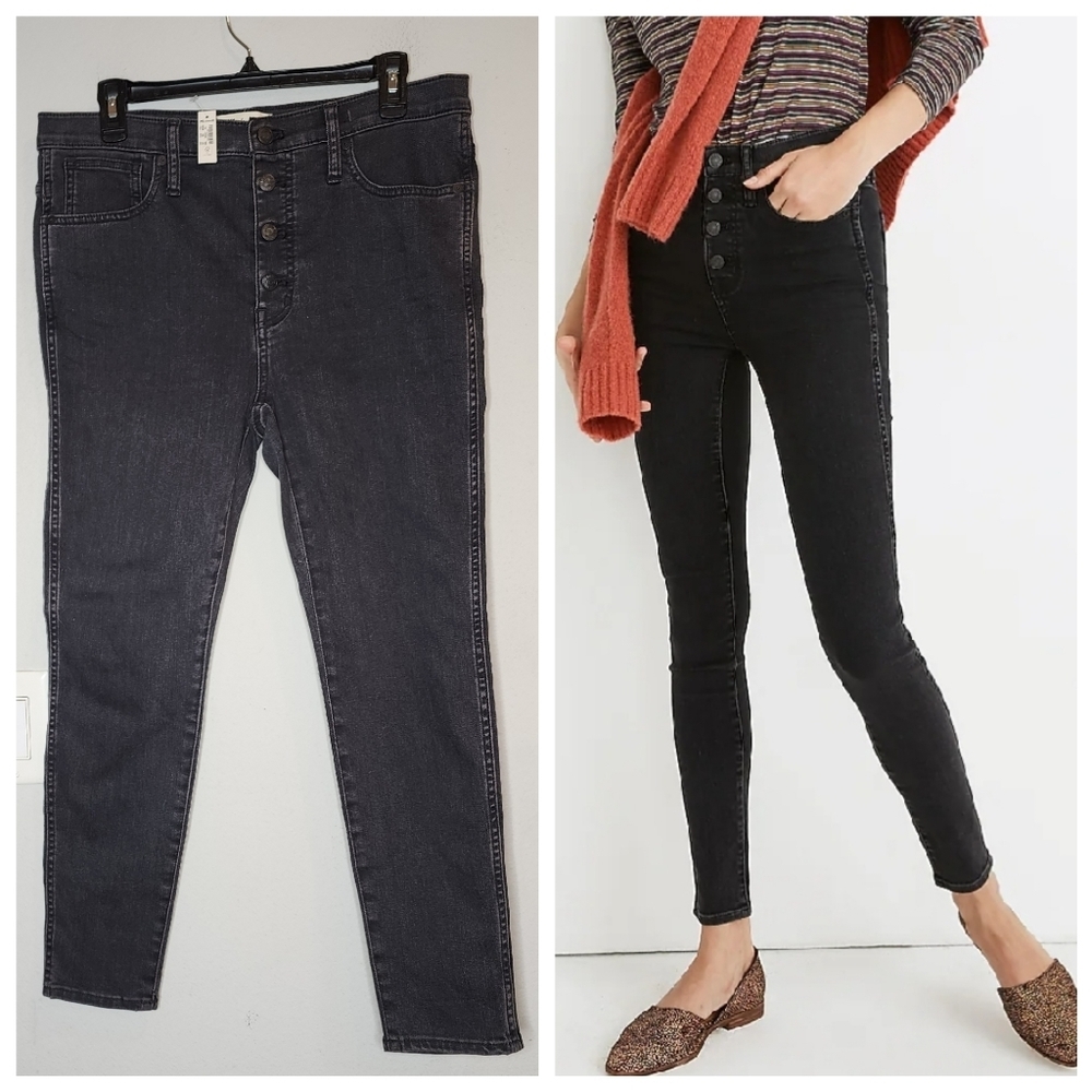 Madewell 10" High-Rise Skinny Jeans Black Washed Button-Front Size 31P 12P